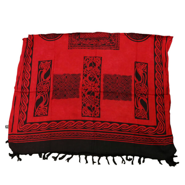 A red and black Celtic Sarong Red Multi with Celtic Knot Design.