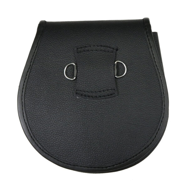 A black leather PRIDE LGBTQ+ Tartan Sporran with a metal buckle, ideal for LGBTQ sporran enthusiasts.