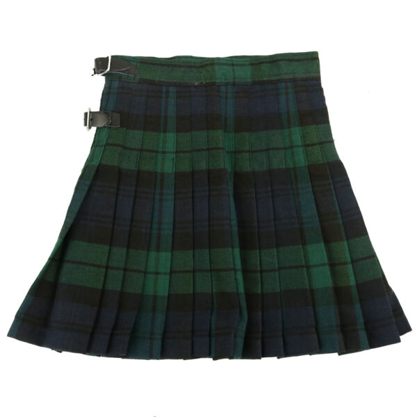 A Black Watch Modern Poly/Viscose Kilted Mini Skirt 24W 15.5L with buckles.
