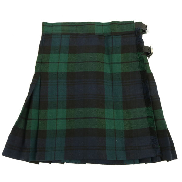 A Black Watch Modern Poly/Viscose Kilted Mini Skirt 24W 15.5L on a white background featuring the modern tartan pattern.