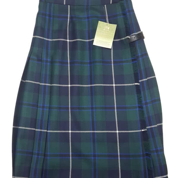 A Douglas Modern Premium Wool Ladies' Kilted Skirt- 25W 24L in a green and blue plaid design.