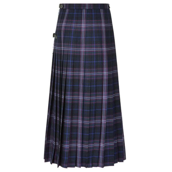 A Medium Weight Premium Wool Hostess Kilted Skirt, made of premium wool is a purple and blue plaid kilted skirt.