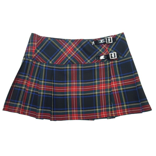 A black and red plaid skirt with buckles.