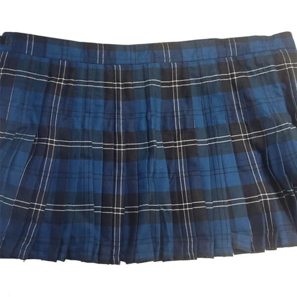 A Ramsay Blue Modern Poly/Viscose Kilted Skirt - 52W 18L on a white background.