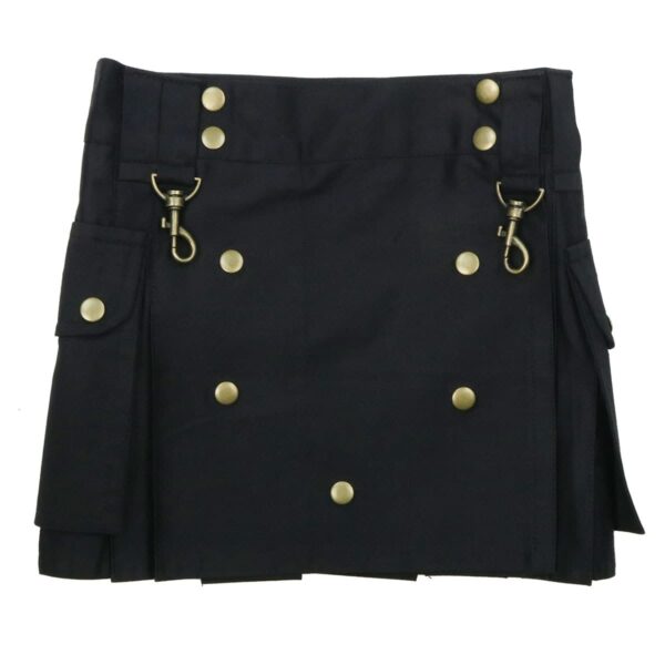 A Ladies Wilderness Black Mini Kilt - 26W 12L with gold buttons, perfect for ladies in the wilderness.