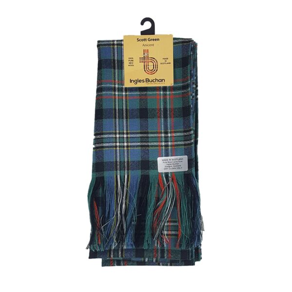 A green and blue Tartan Scarf - 8oz Spring Weight Premium Wool with tassels.