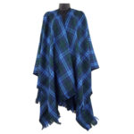 A blue and green Welsh Tartan Serape - Medium Weight Premium Wool, displayed on a mannequin.