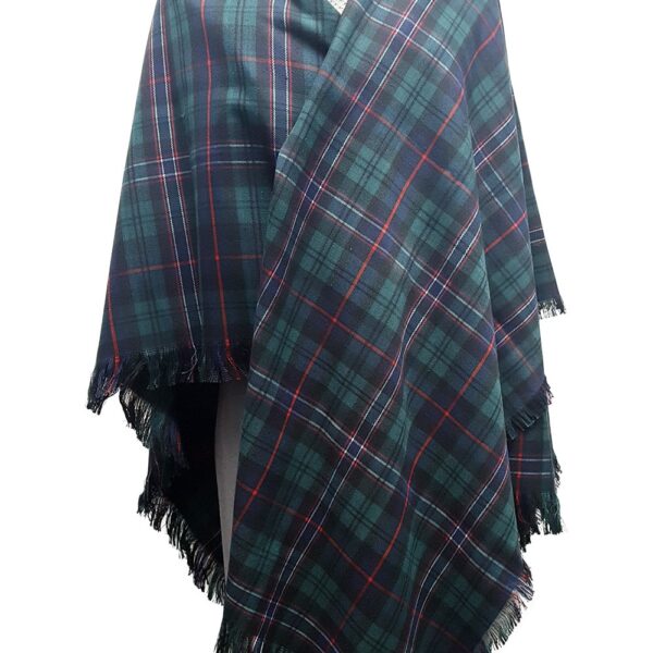 A Scottish National Tartan Shawl, Poly Viscose with fringes on a mannequin.