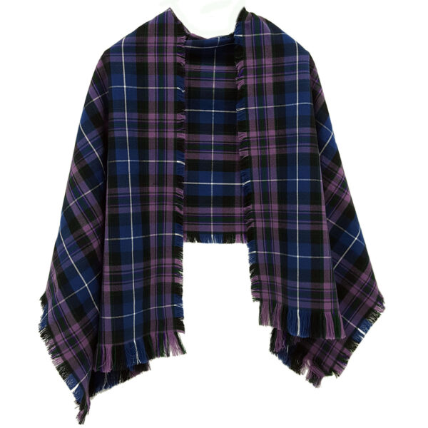 A Tartan Stole - Poly-Viscose Wool Free with fringes on a mannequin.