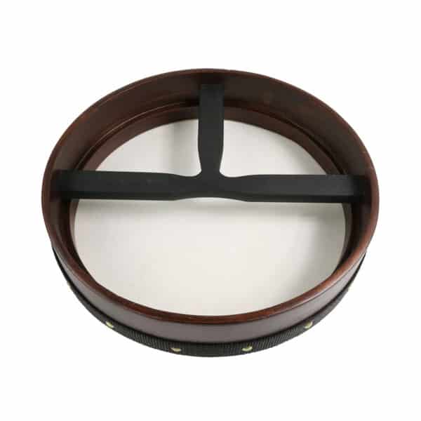 A Rosewood Frame 14 inch Bodhran drum holder with a black handle.