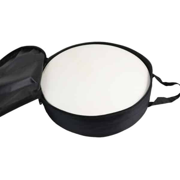 A black drum bag with a white cover designed for the Rosewood Frame 14 inch Bodhran.