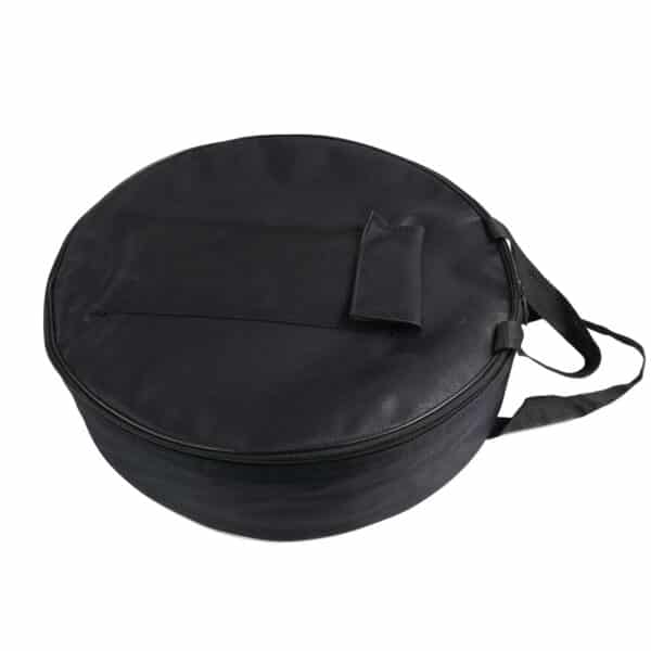 A black drum bag with a Rosewood Frame 14 inch Bodhran on a white background.