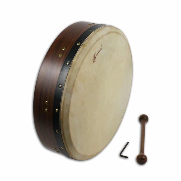 A Mulberry Tunable 14 inch Bodhran with a tunable wooden drumhead and a wooden handle, accompanied by a wooden stick.