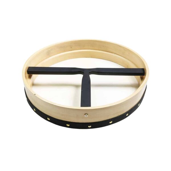A Willow Frame Tacked 18 inch Bodhran wooden drum holder with a black handle.