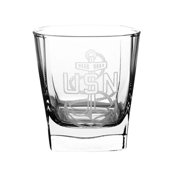 A US Navy Logo Etched Whisky Glass featuring the USN logo.