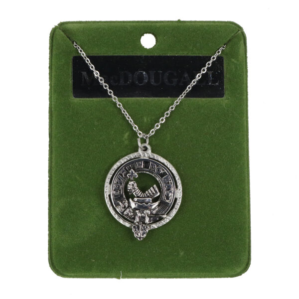 The Malcolm Clan Crest Necklace features a striking image of a wolf, making it the perfect accessory for any animal lover or fan of Scottish heritage.