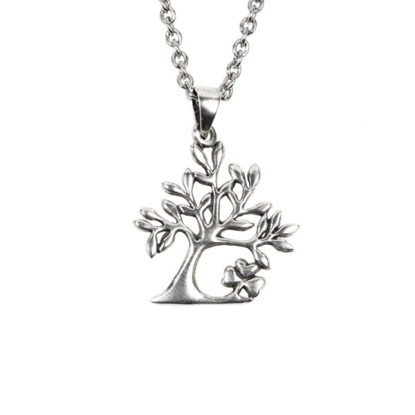 A Celtic Tree and Shamrock Sterling Silver Necklace, elegantly suspended on a sterling silver chain.