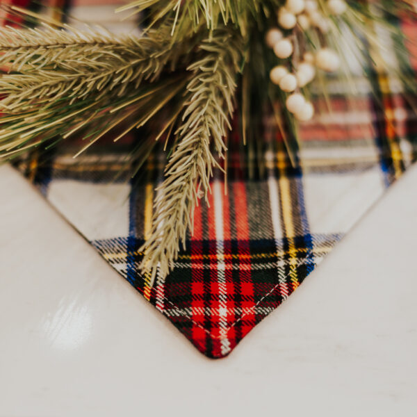 Reversible Tartan placemat with pine branches on it.