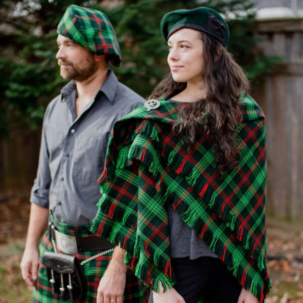A man and woman dressed in Homespun Wool Blend Tartan Tams.
