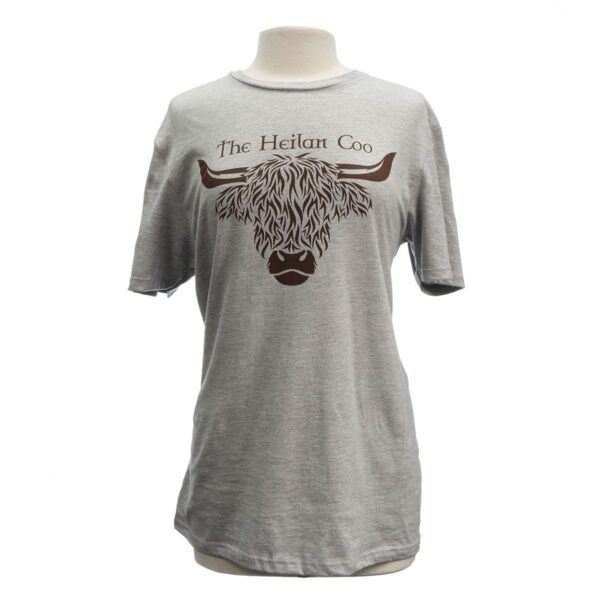 A grey Dire Wolf T-Shirt with a highland cow on it.