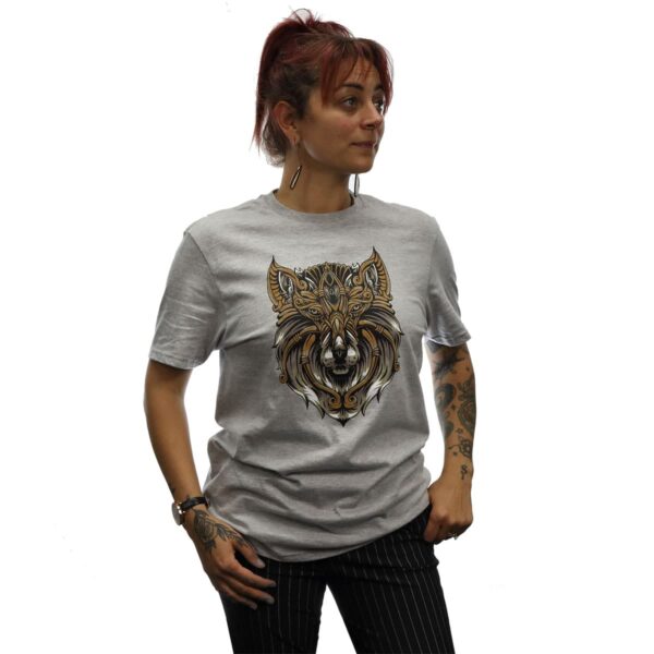A woman wearing a Dire Wolf T-Shirt.