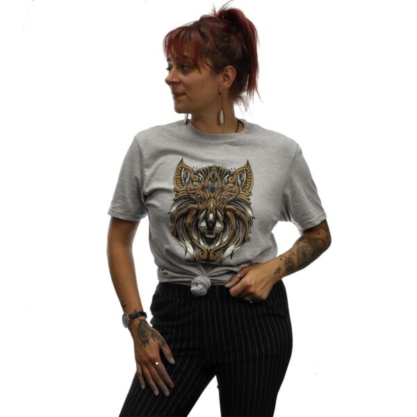 A woman wearing a Dire Wolf T-Shirt.