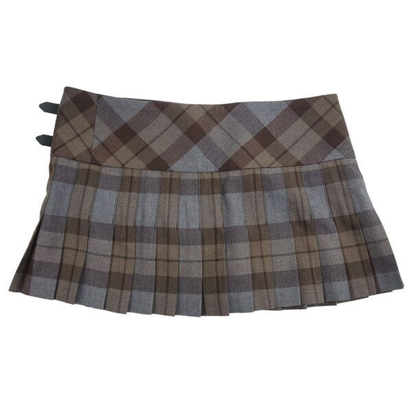A brown and gray plaid OUTLANDER Billie-Style Kilted Mini-Skirt Poly/Viscose.