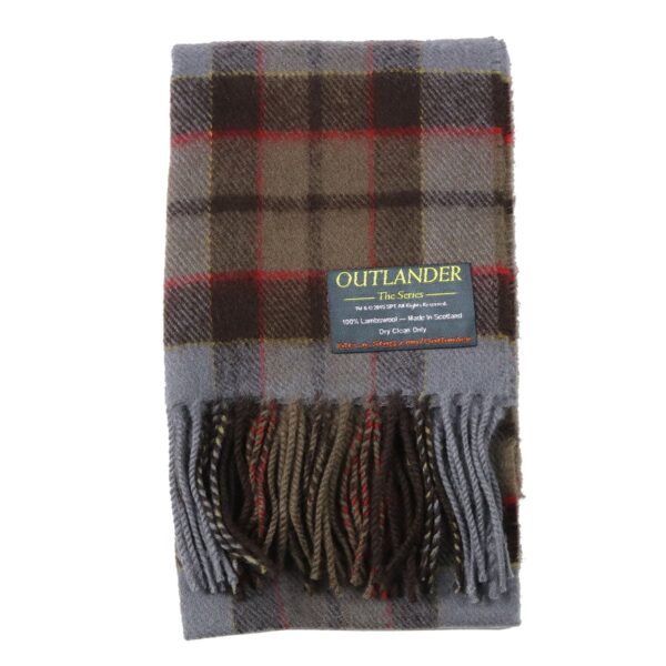 A grey and brown plaid Tartan Scarf - OUTLANDER Lambswool with tassels.