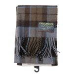 An OUTLANDER-inspired brown and blue Tartan Scarf with tassels, made from soft lambswool.