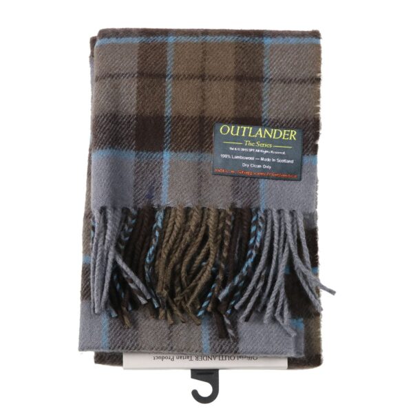An OUTLANDER-inspired brown and blue Tartan Scarf with tassels, made from soft lambswool.