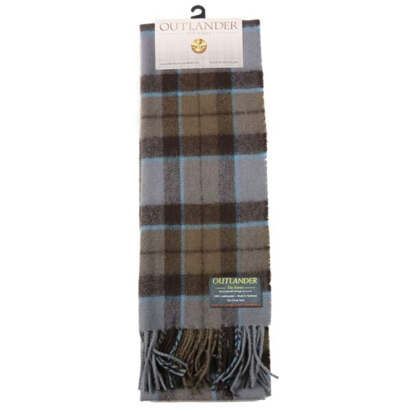 A grey and blue plaid Tartan Scarf - OUTLANDER Lambswool with tassels.