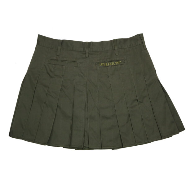 A green pleated skirt with a logo on it.