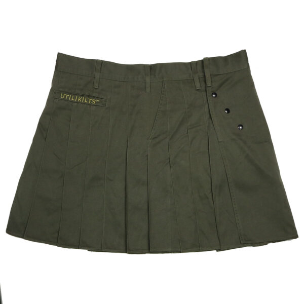 A green pleated skirt with buttons.