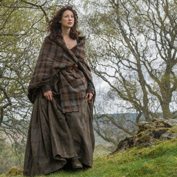 An OUTLANDER Earasaid Authentic Premium Wool Tartan woman in a plaid dress standing in a grassy area.