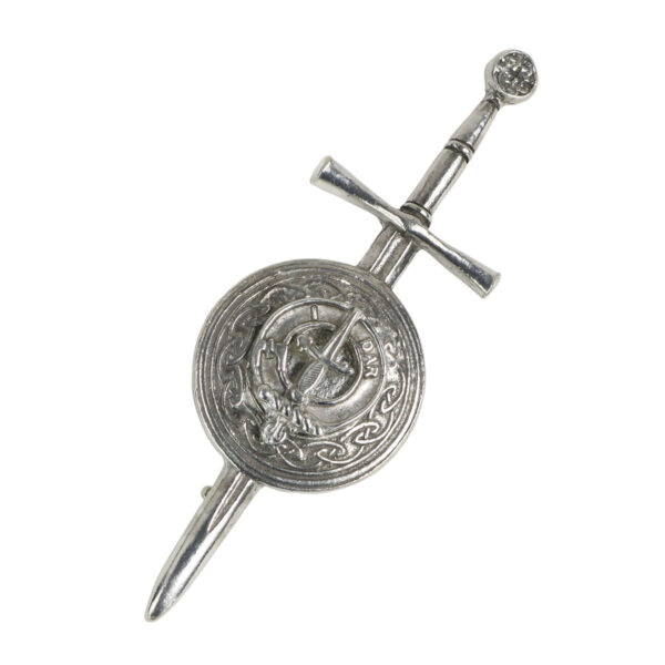 A Dalziel - Clan Crest Sterling Silver Kilt Pin with a cross on it, adorned with a clan crest.