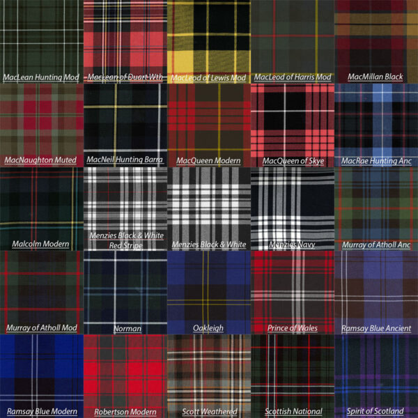A collection of Poly Viscose Tartan Swatches in different colors.