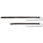 A pair of black leather collars on a white background.