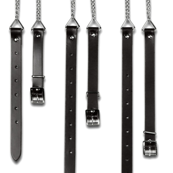 A group of black leather straps on a white background.