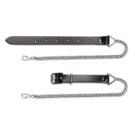 A pair of black leather collars on a white background.