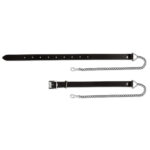 A pair of black leather collars on a white background.