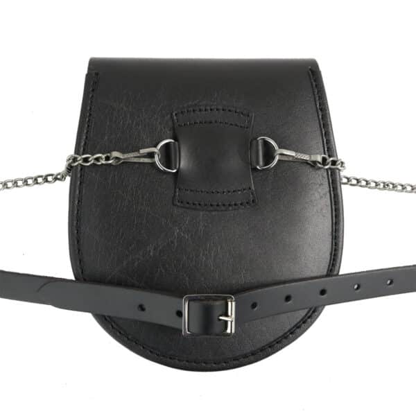 A Premium Black Leather Sporran Strap with an Antiqued Chain Attached.