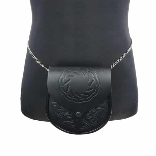 A black belt bag with a celtic design, made of Premium Black Leather Sporran Strap With Antiqued Chain.