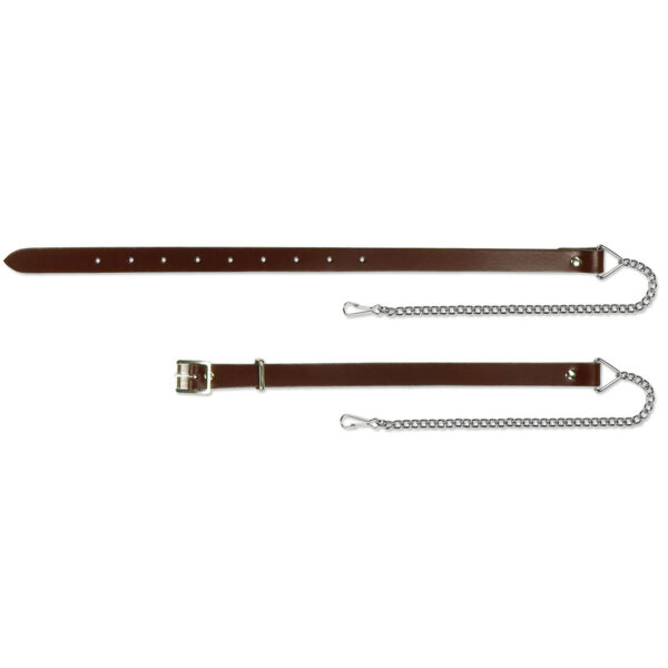 A pair of brown leather collars on a white background.