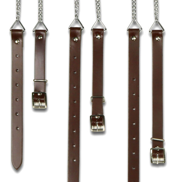 A group of brown leather straps with metal buckles.