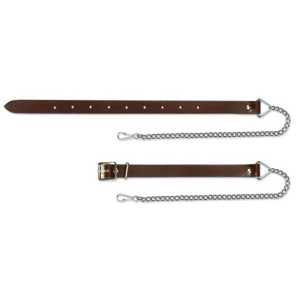 A pair of brown leather collars on a white background.