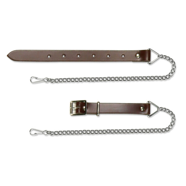 A pair of brown leather collars with metal clasps.