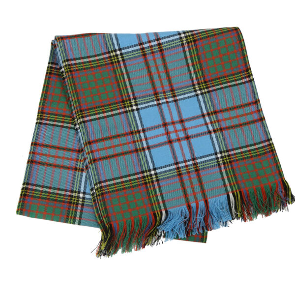 A blue and green tartan blanket on a white background featuring the Anderson Ancient Tartan Scarf - 13oz Premium Wool.