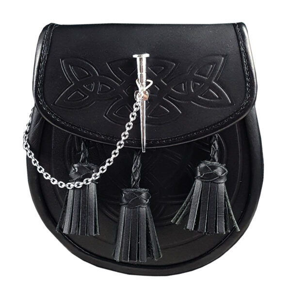 A black leather Spike Closure Leather Sporran-sold 5/23 with tassels and chain.