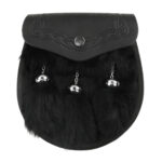 A black rabbit fur stag sporran with silver bells.