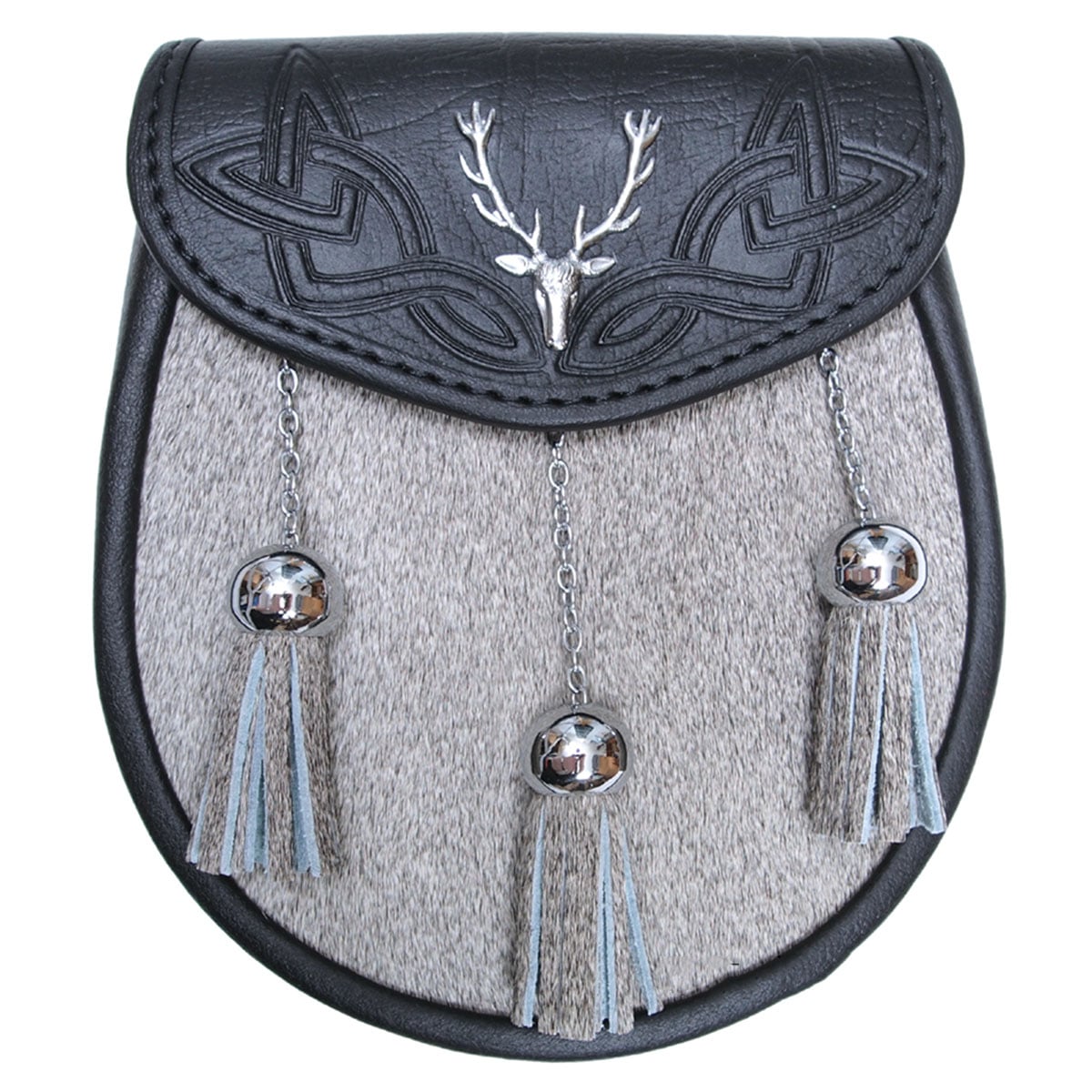 A premium black and grey kilt with studded targe and bovine accents, embellished with tassels and featuring a Stag Celtic Embossed Grey Fur Sporran motif.